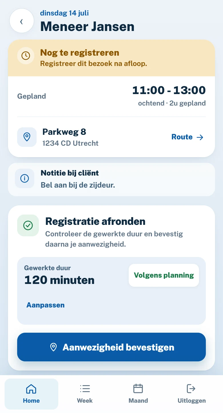 ZorgTijd · bezoek registreren met fictieve voorbeeldgegevens