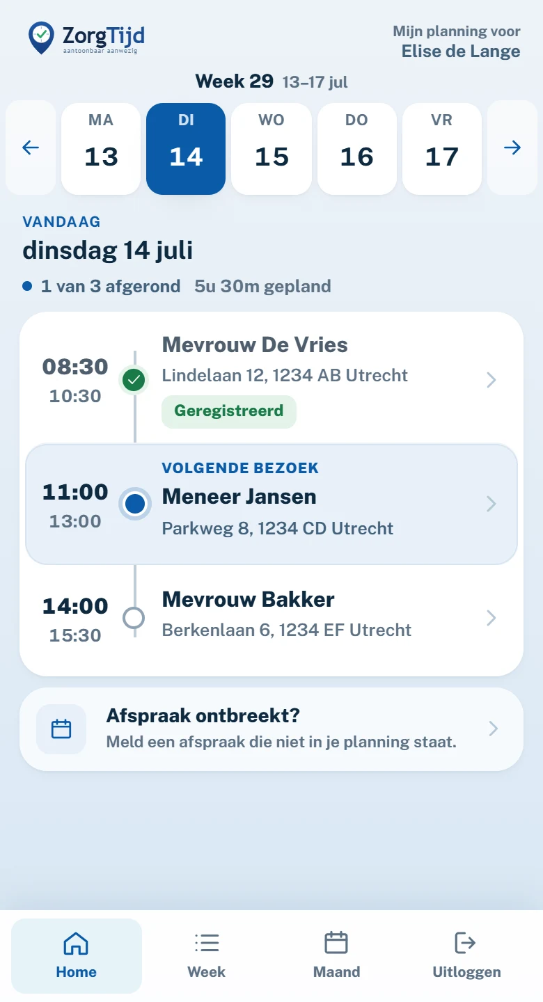 ZorgTijd · mijn planning met fictieve voorbeeldgegevens